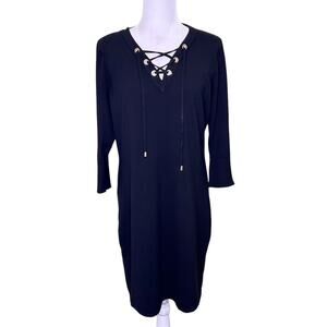 Calvin Klein Black V-Neck Grommet and Zipper Shift Knit Sweater Dress Sz. XL